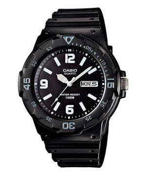 Casio MRW-200H-1B2VDF black dive-style watch with rotating bezel, front view on white background