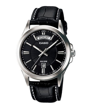 Casio MTP-1381L-1AVDF men's watch with black leather strap and silver case, front view on white background