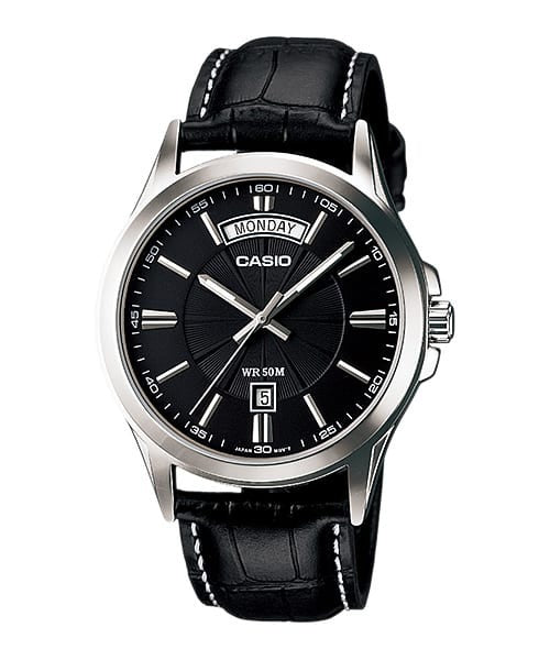 Casio MTP-1381L-1AVDF men's watch with black leather strap and silver case, front view on white background