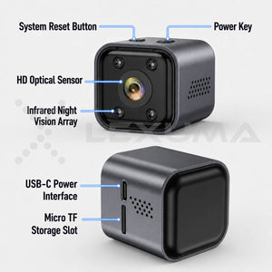 Lexuma XCAM Nano — front view, ultra-compact WiFi mini camera on white background port