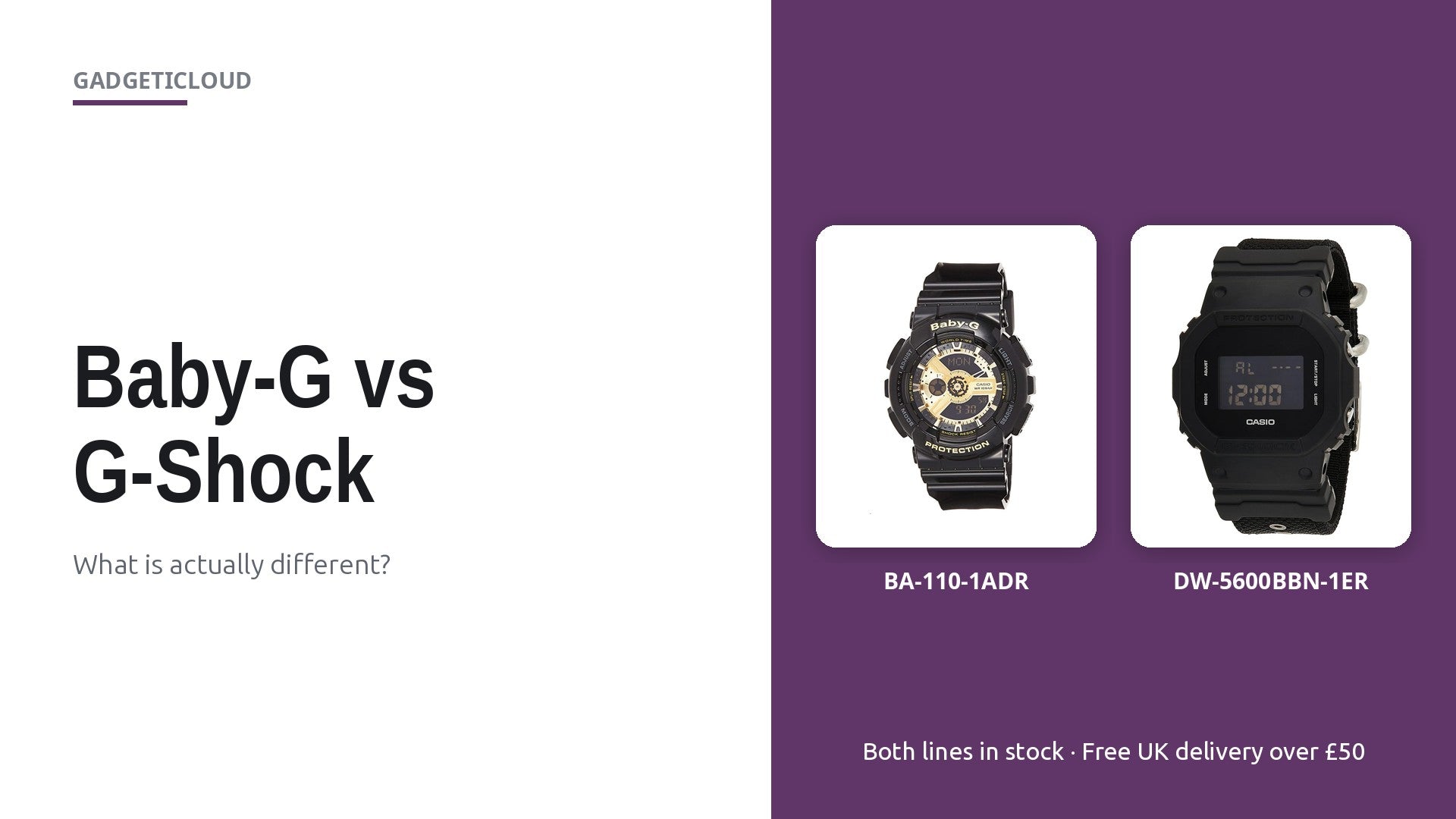 Casio Baby-G BA-110-1ADR and G-Shock DW-5600BBN-1ER watches compared side by side