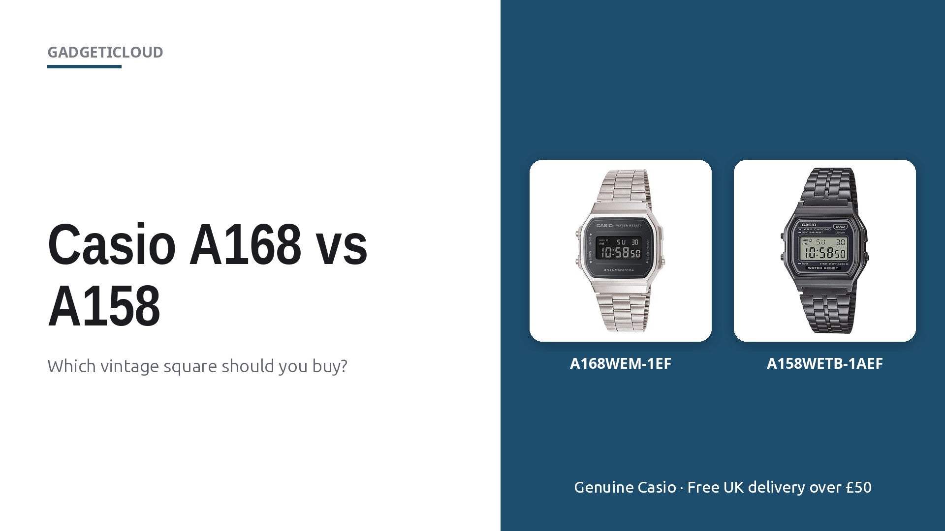 Casio A168WEM-1EF silver and A158WETB-1AEF black vintage square digital watches side by side