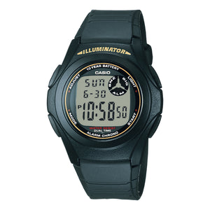 Casio F-200W-9ADF black digital watch with gold illuminator accents, front view on white background