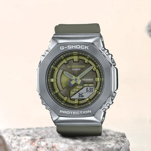 Casio G-Shock GM-S2100-3ADR Stainless Steel Case Wristwatch Product Shot on a rock 
