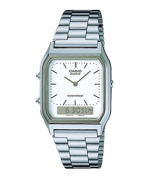 Casio AQ-230A-7DMQYES stainless steel watch, front view on white background