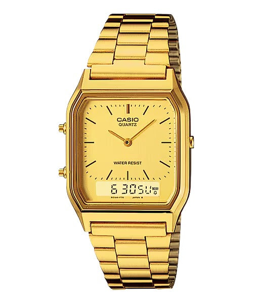 Casio AQ-230GA-9DHDF gold-tone men's watch with metal bracelet, front view on white background