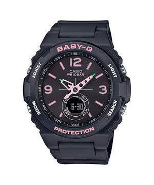 Casio Baby-G BGA-260SC-1ADR black watch with pink accents, front view on white background