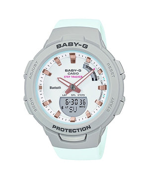 Casio Baby-G BSA-B100MC-8AER grey and mint watch, front view on white background