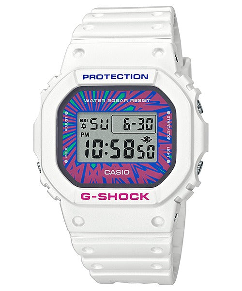 Casio G-Shock DW-5600DN-7DR white watch with tie-dye dial accent, front view on white background