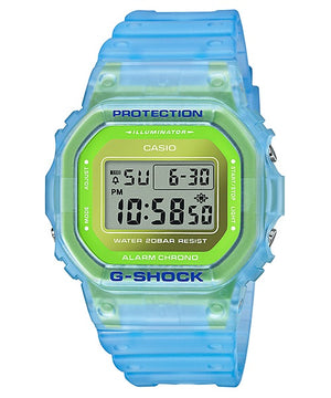 Casio G-Shock DW-5600LS-2 translucent blue-green digital watch, front view on white background