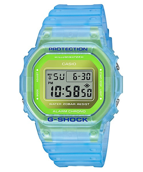 Casio G-Shock DW-5600LS-2 translucent blue-green digital watch, front view on white background