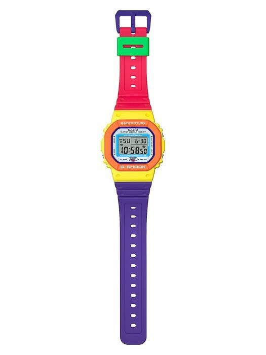 Casio G-Shock DW-5610DN-9DR watch, side profile view showing multicolor strap segments