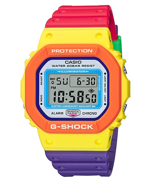 Casio G-Shock DW-5610DN-9ER rainbow colorway watch, front view on white background