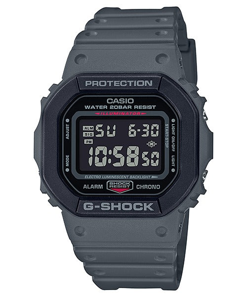 Casio G-Shock DW-5610SU-8ER grey digital watch, front view on white background