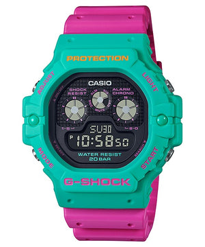 Casio G-Shock DW-5900DN-3DR teal and pink watch, front view on white background