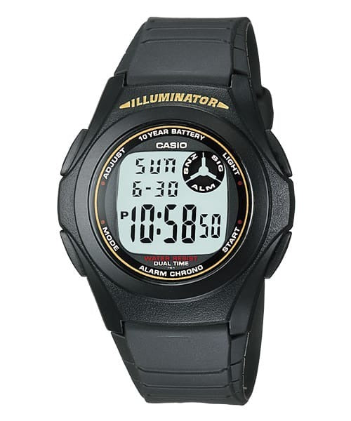 Casio F-200W-9ADF black digital watch with gold illuminator accents, front view on white background