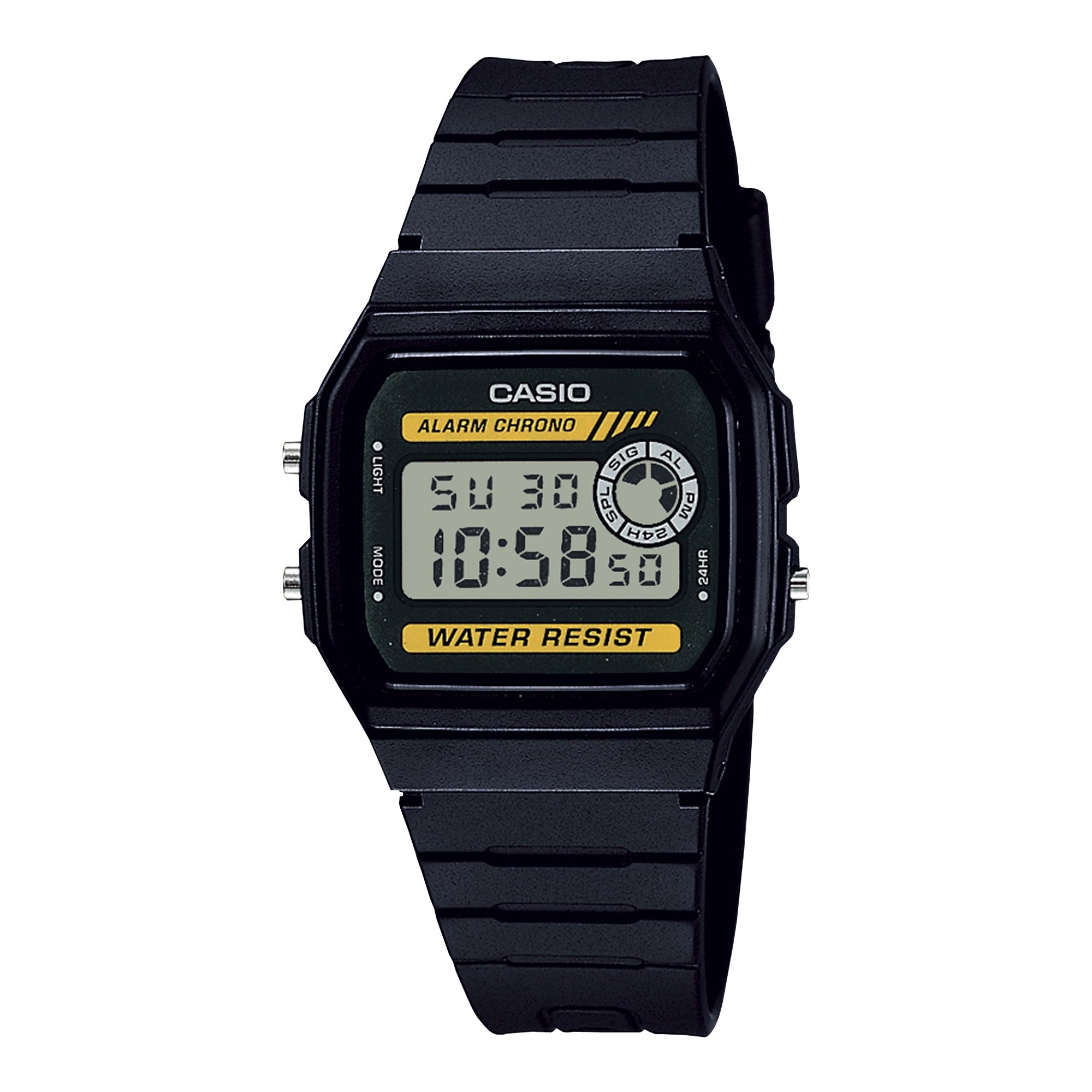 Casio F-94WA-9DG black digital watch, front view on white background