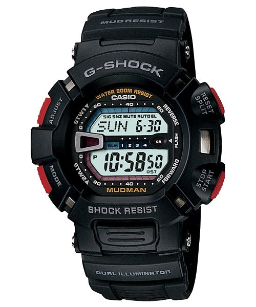 Casio G-Shock G-9000-1VER Mudman black watch with red accents, front view on white background