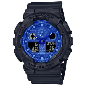 Casio G-Shock GA-100BP-1AER black watch with blue paisley dial, front view on white background