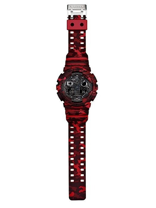 Casio G-Shock GA-100CM-4AER full-length view showing red camouflage strap
