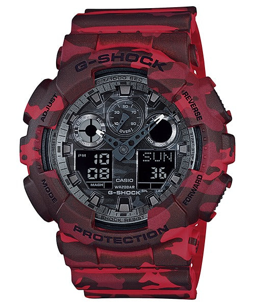 Casio G-Shock GA-100CM-4AER red camouflage watch, front view on white background