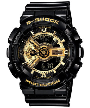 Casio G-Shock GA-110GB-1ADR black and gold watch, front view on white background