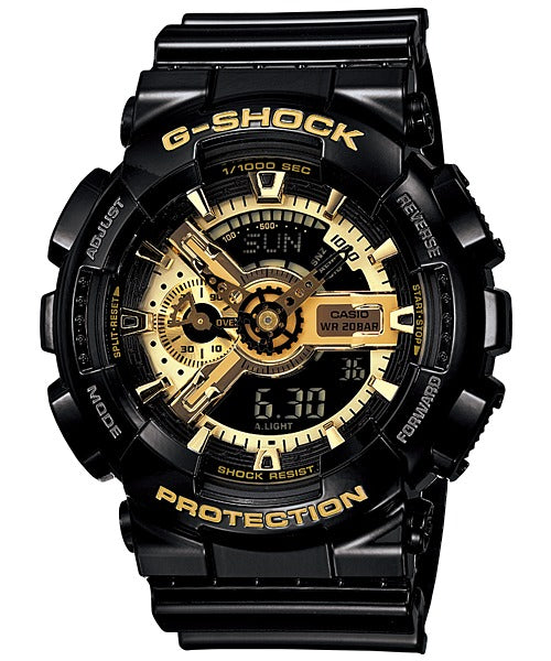 Casio G-Shock GA-110GB-1ADR black and gold watch, front view on white background