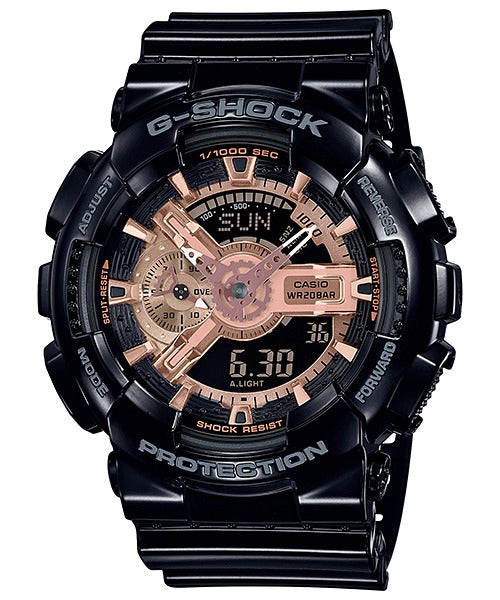 Casio GA-110MMC-1AER black watch with rose gold dial accents, front view on white background