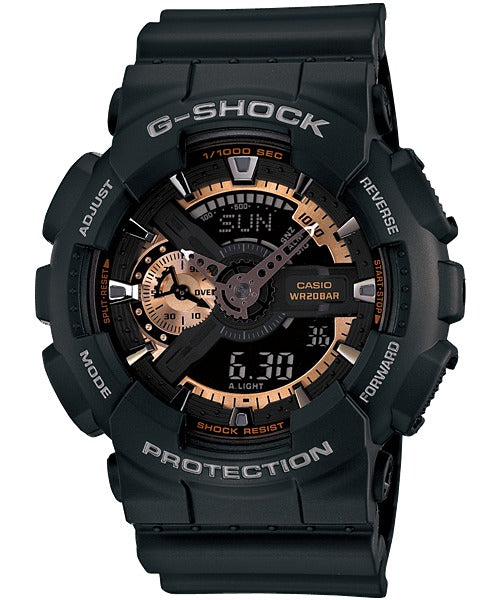 Casio G-Shock GA-110RG-1AER black watch with rose gold dial accents, front view on white background