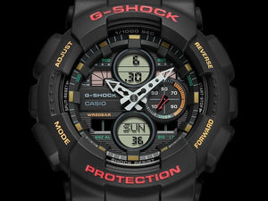 Casio G-Shock GA-140-1A4ER dial close-up showing analog-digital display on black background