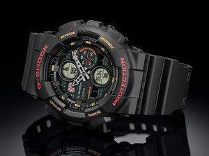 Casio G-Shock GA-140-1A4ER watch, 3/4 angle view on black background