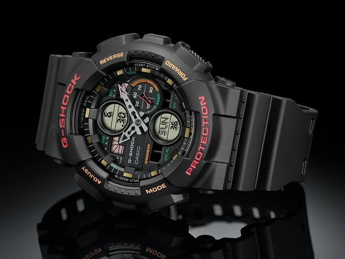 Casio G-Shock GA-140-1A4ER watch, 3/4 angle view on black background