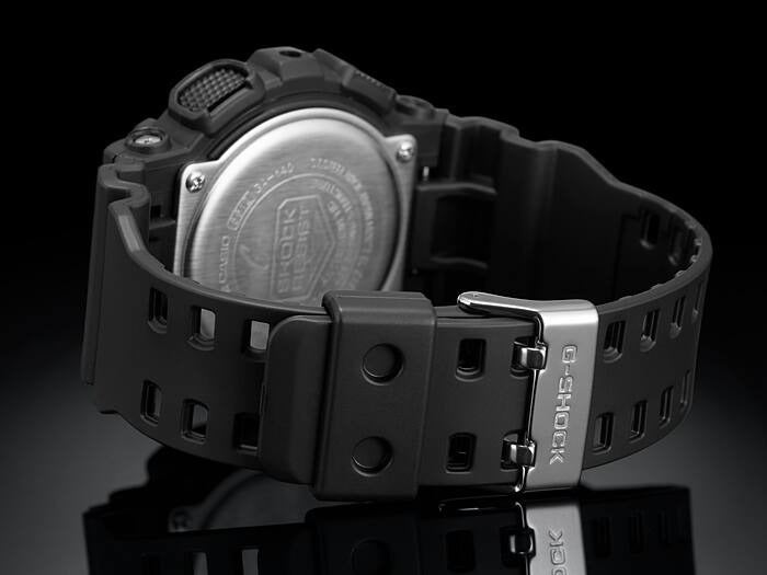 Casio G-Shock GA-140-1A4ER case back detail showing stainless steel back and buckle