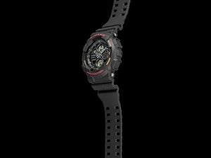 Casio G-Shock GA-140-1A4ER watch, side profile view on black background