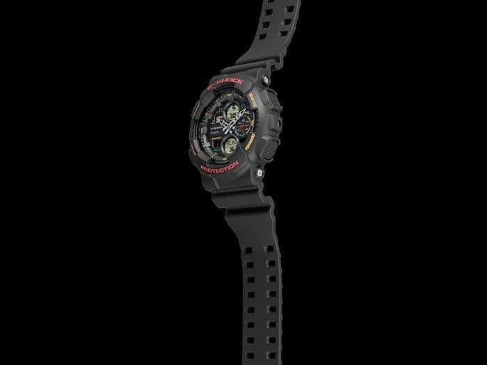 Casio G-Shock GA-140-1A4ER watch, side profile view on black background