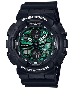 Casio G-Shock GA-140MG-1AER black watch with green camouflage dial, front view on white background