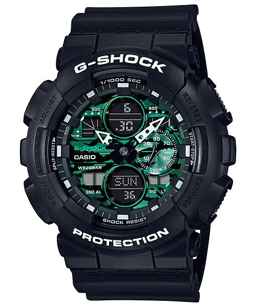 Casio G-Shock GA-140MG-1AER black watch with green camouflage dial, front view on white background