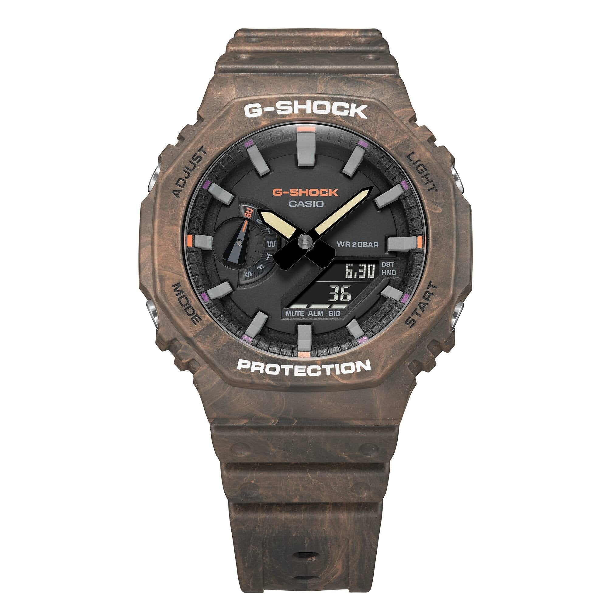 Casio G-Shock GA-2100FR-5AER close-up front view of octagonal bezel and dial