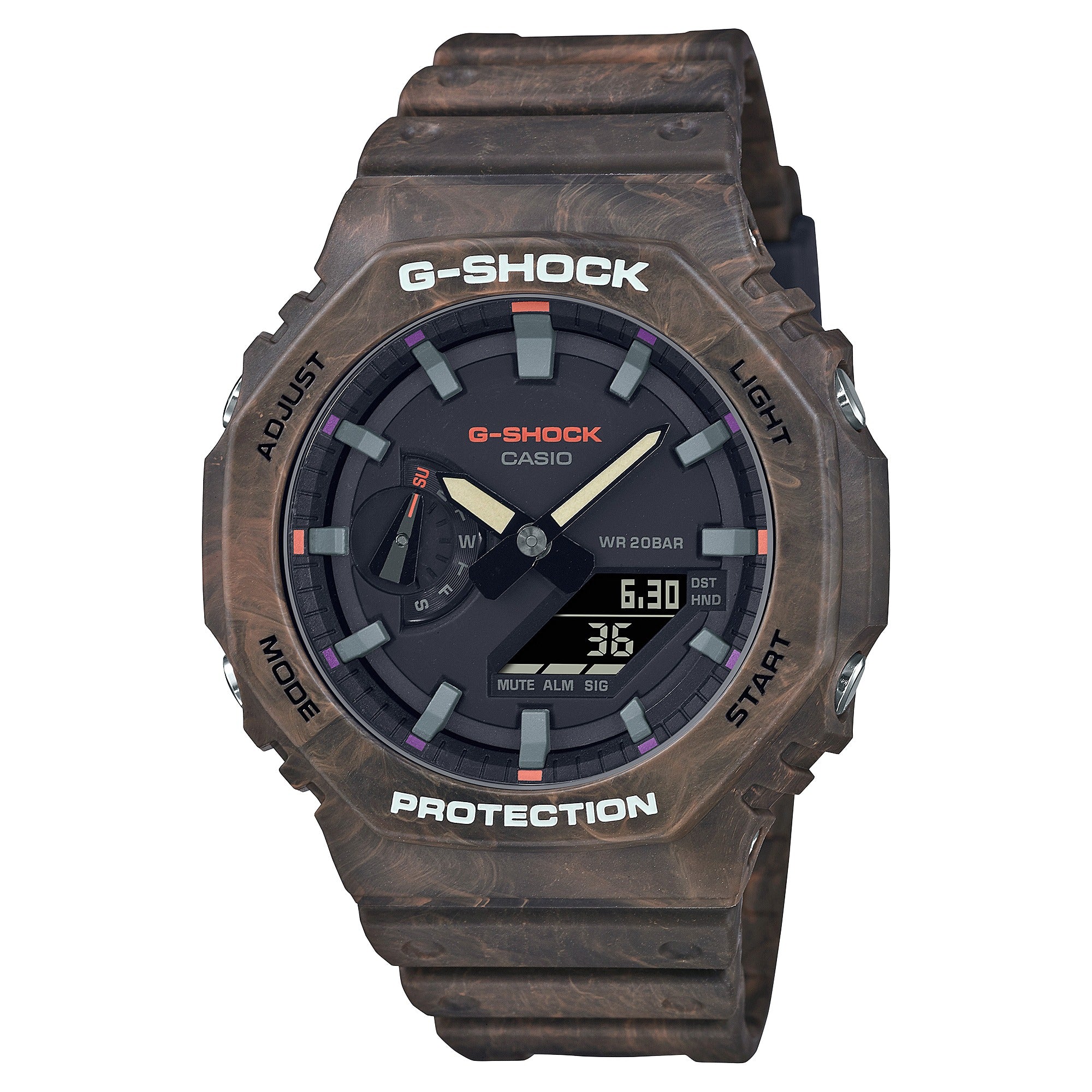 Casio G-Shock GA-2100FR-5AER marbled brown resin watch, front view on white background