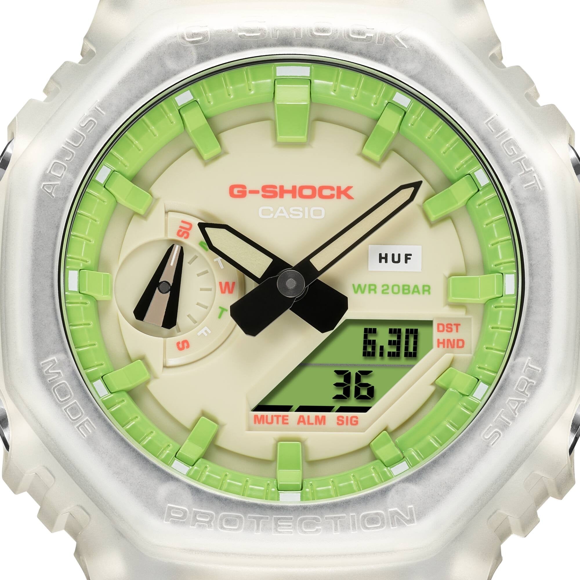 Casio G-Shock GA-2100HUF-5AER dial close-up showing cream face and green bezel accents