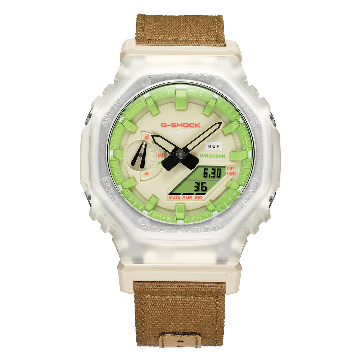 Casio G-Shock GA-2100HUF-5AER watch, straight-on front view with tan canvas strap