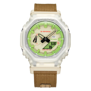 Casio G-Shock GA-2100HUF-5AER watch, straight-on front view with tan canvas strap