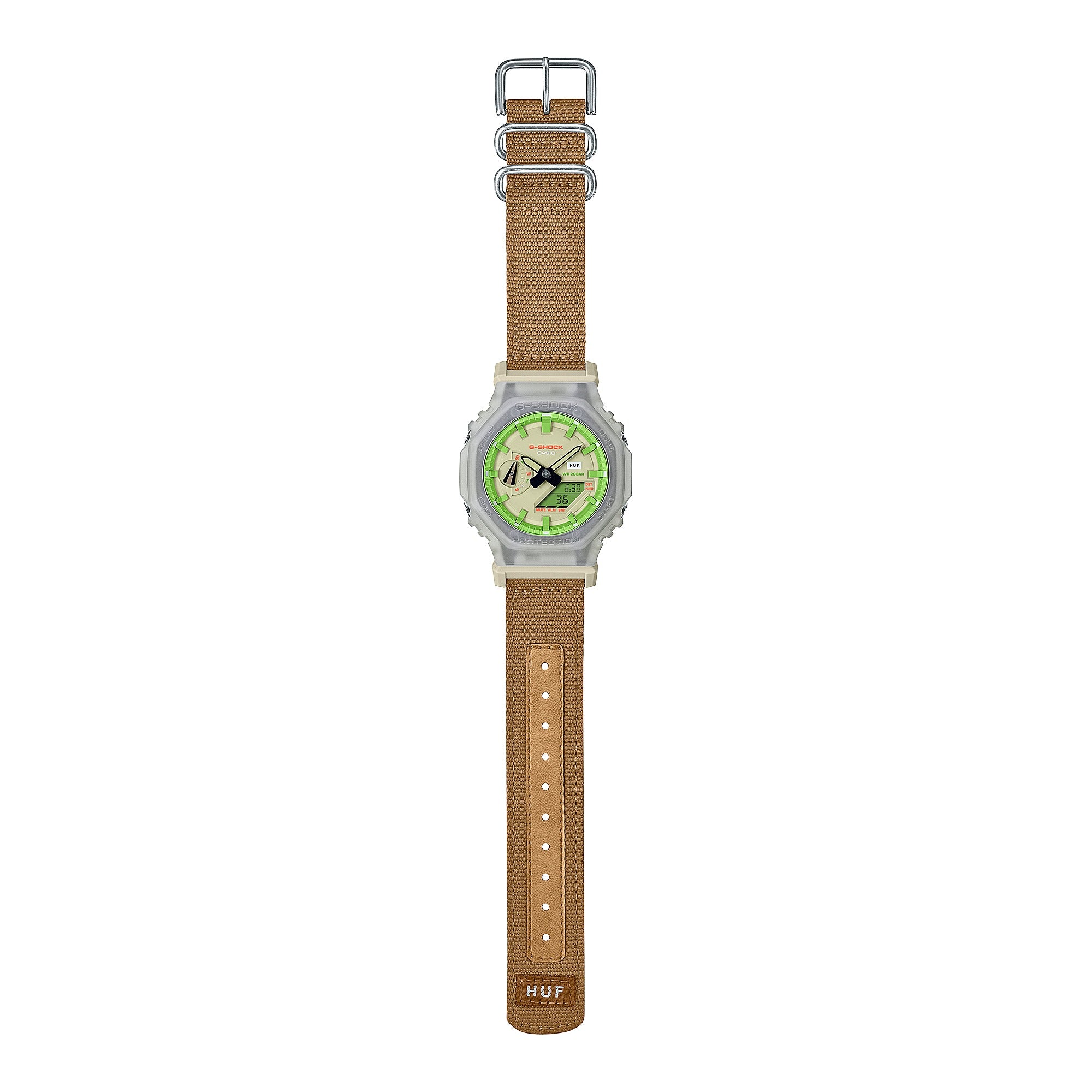 Casio G-Shock GA-2100HUF-5AER watch with tan HUF nylon strap, full flat lay view