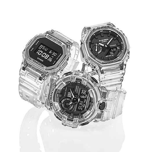 Casio G-Shock GA-2100SKE-7ADR transparent skeleton watch shown with matching G-Shock lineup, product group shot