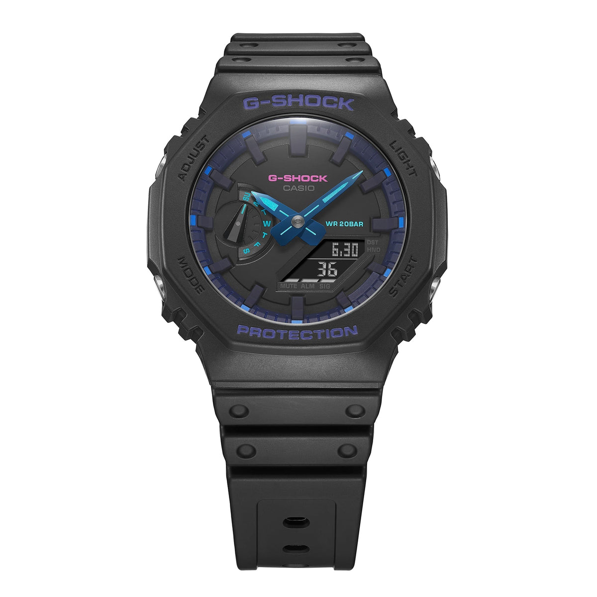 Casio G-Shock GA-2100VB-1AER octagonal bezel close-up showing purple and blue dial accents