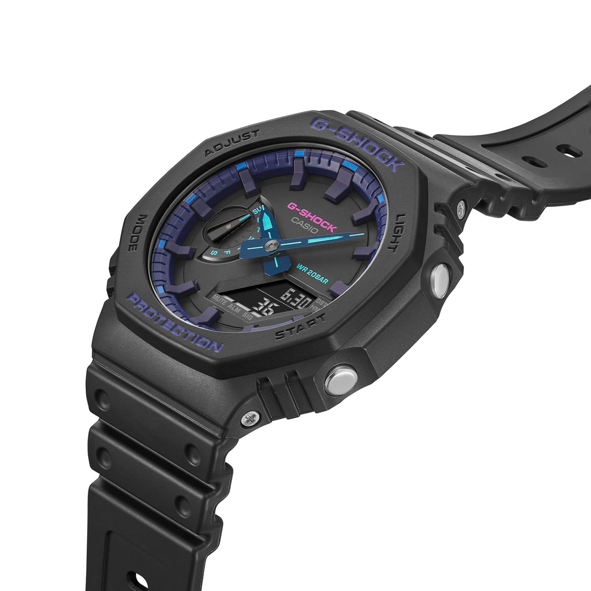 Casio G-Shock GA-2100VB-1AER watch at a three-quarter angle, showing case profile and strap