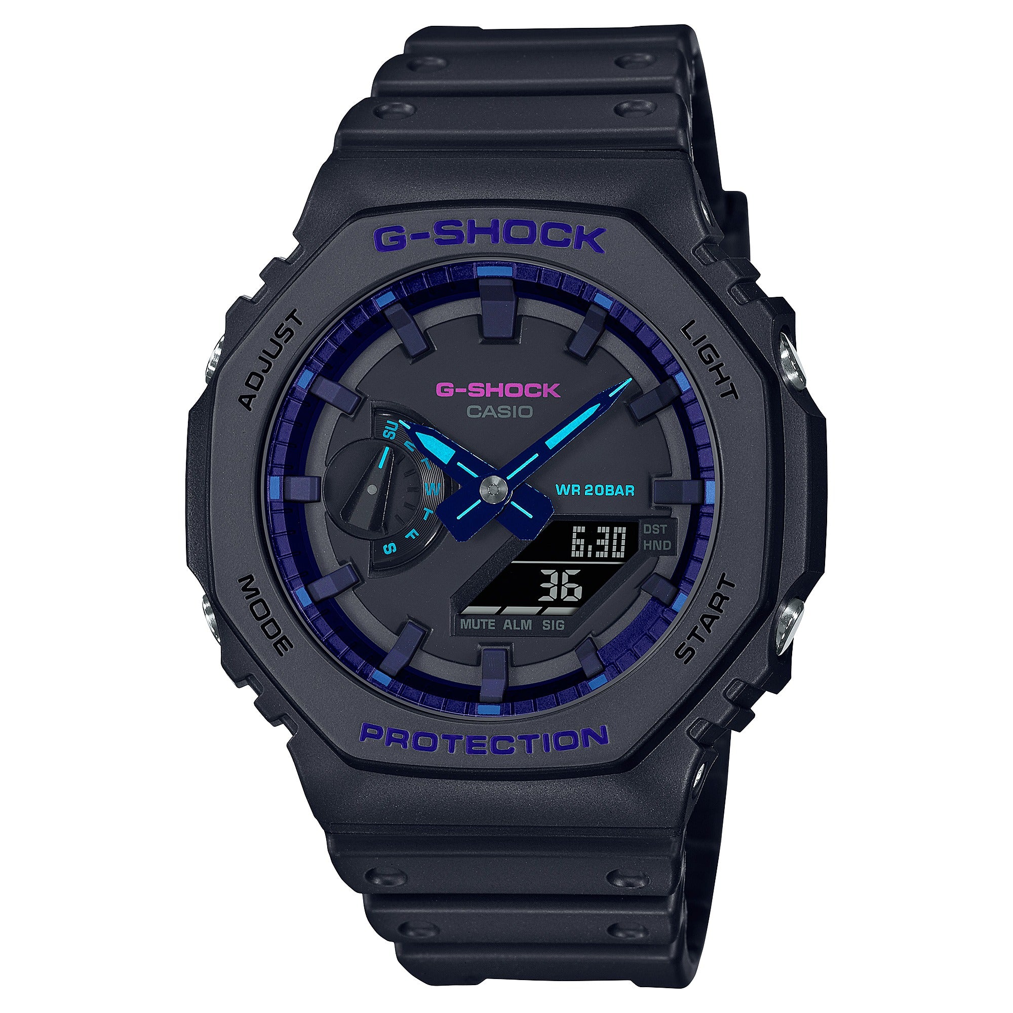 Casio G-Shock GA-2100VB-1AER analog-digital watch, front view on white background