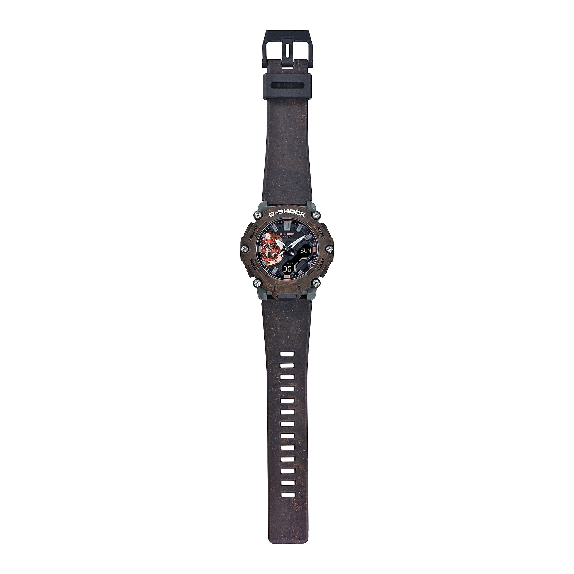 Casio G-Shock GA-2200MFR-5AER full length view showing rose gold dial accent and strap