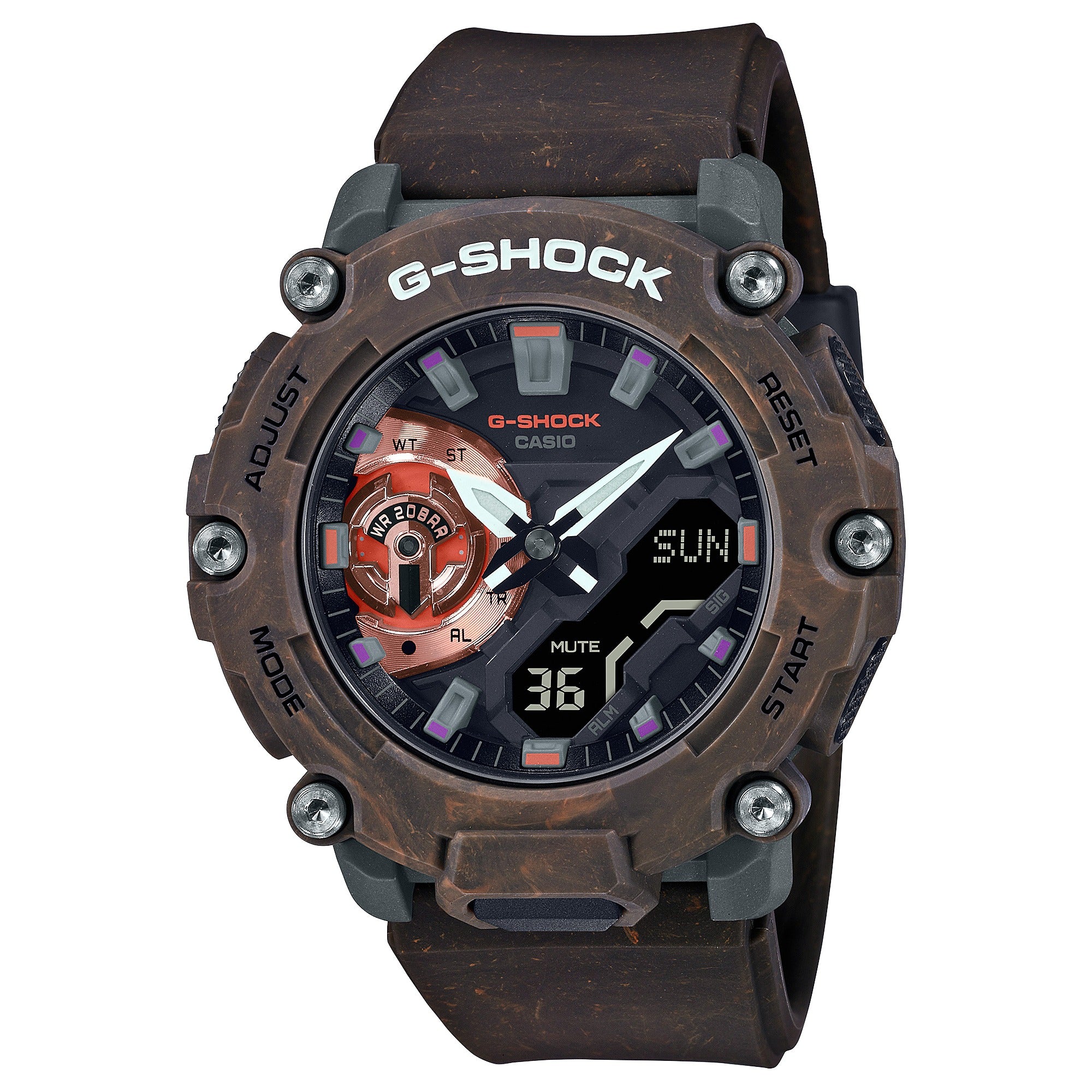 Casio G-Shock GA-2200MFR-5AER marbled brown resin watch, front view on white background