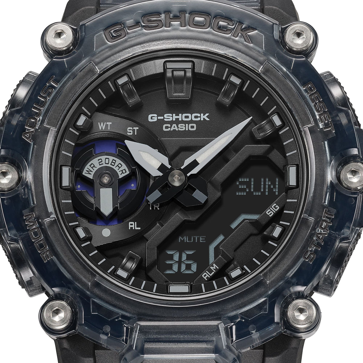 Casio G-Shock GA-2200SKL-8AER dial close-up showing G-Shock logo and purple accent